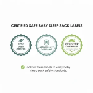 Graphic showing recognized safety certification seals to look for when verifying baby sleep sack safety standards.