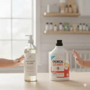 Illustrative comparison between a harsh chemical cleaner and a gentle, plant-derived baby friendly cleaning products non toxic option.