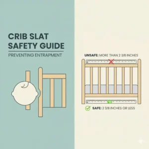 Illustration of safe crib slat spacing surrounding the ideal sleep surface for newborn safety.