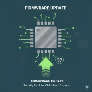 Graphic symbolizing the required firmware update to maintain the highest level of wifi camera security child proof settings protection.