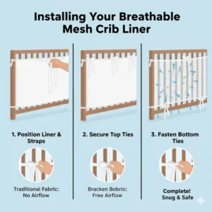 Step-by-step graphic showing how to securely tie and install mesh breathable crib bumpers alternatives to crib slats.
