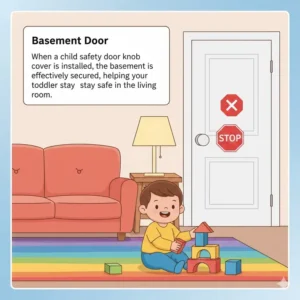 An illustration of a child playing safely away from a basement door secured with child safety door knob covers.
