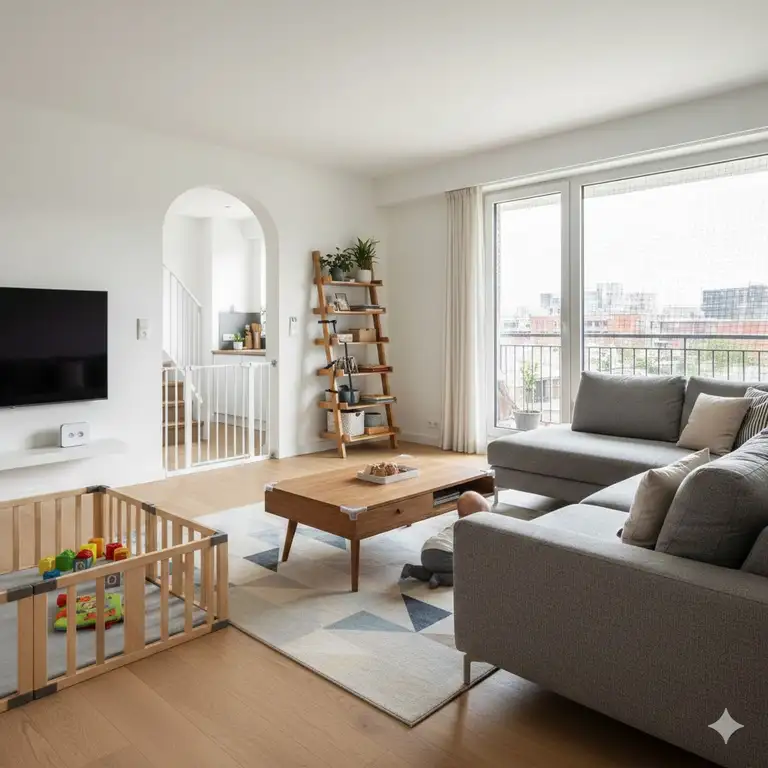 A safe and modern living room showing various baby proofing tips for apartments like gate and corner guards.
