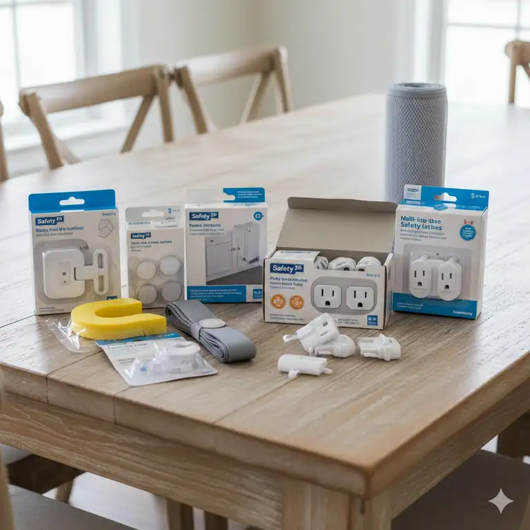 A comprehensive kit of safety products from the best baby proofing brands affordable on a wooden table.