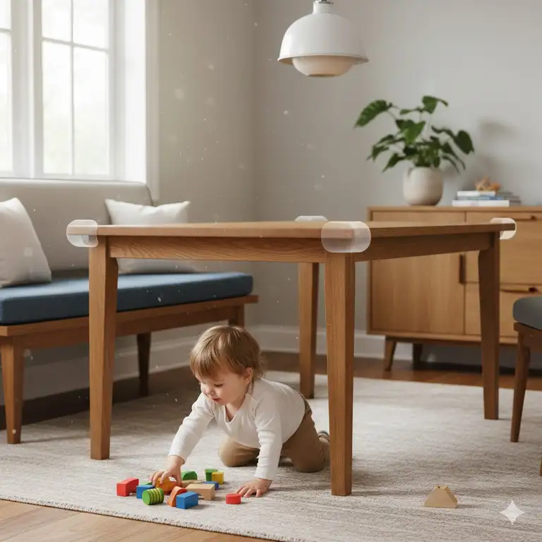 A toddler playing safely near a wooden table with guards used to baby proof table corners in dining room.
