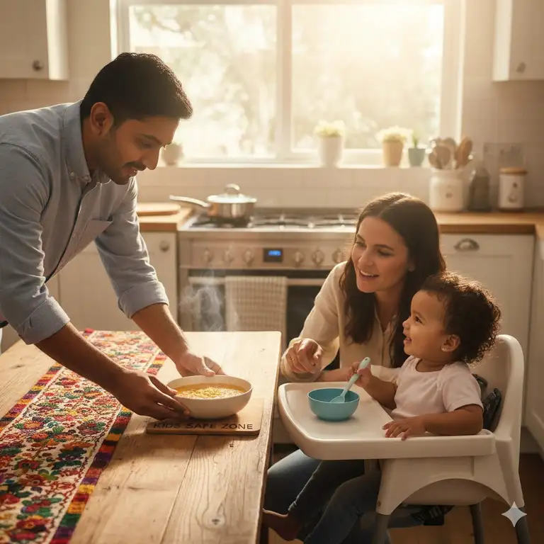 A parent placing a hot bowl in the center of the table as a key step in preventing hot food burns toddler.