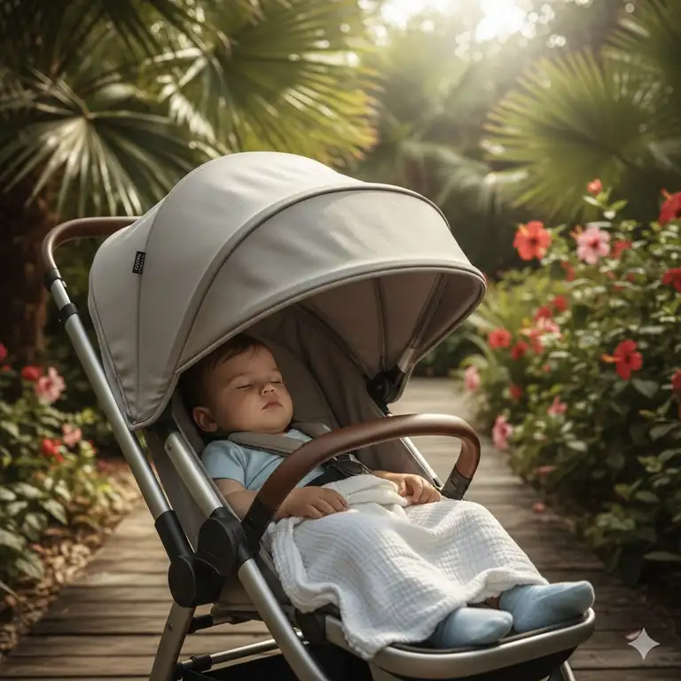A comfortable infant resting in a shaded stroller to ensure heat safety in tropical climates babies.