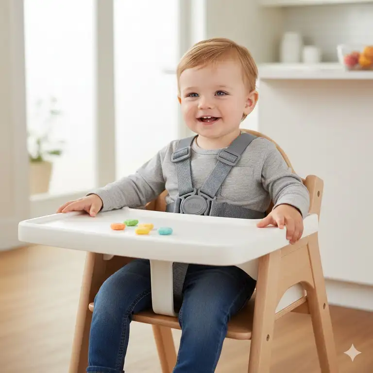 Featured Image: A toddler sitting safely in a wooden chair using high chair safety straps that don’t wear over time.