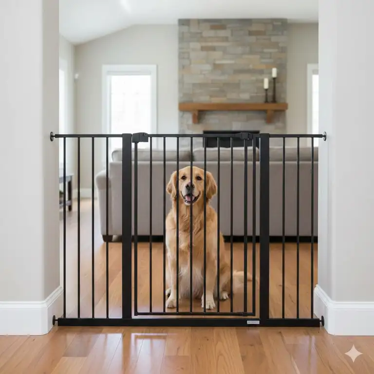 A high-quality interior view of a home with rated safety gates for large pets installed in a hallway.