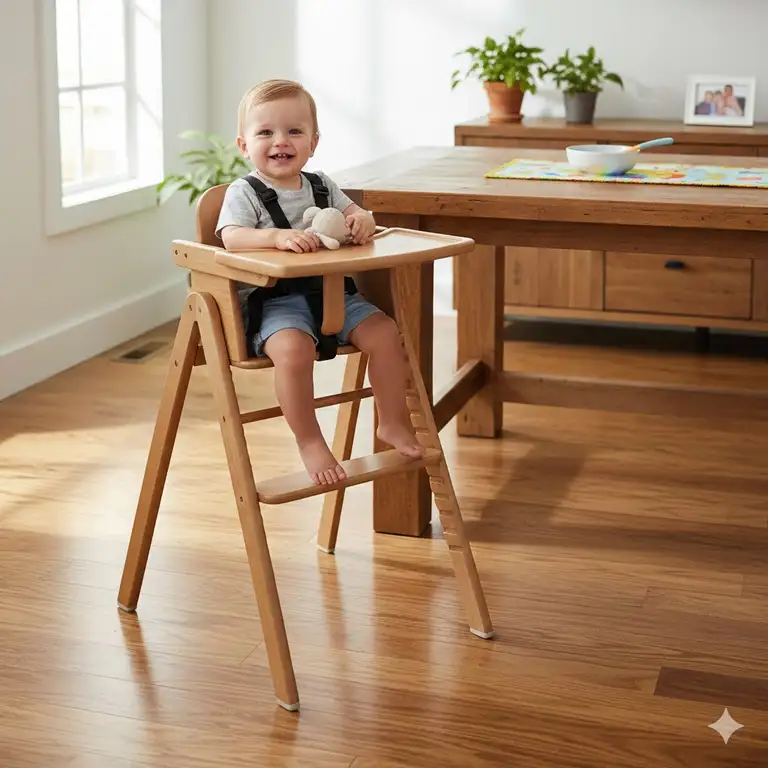 A baby sitting safely while securing high chair to avoid tipping over on a flat wooden floor.