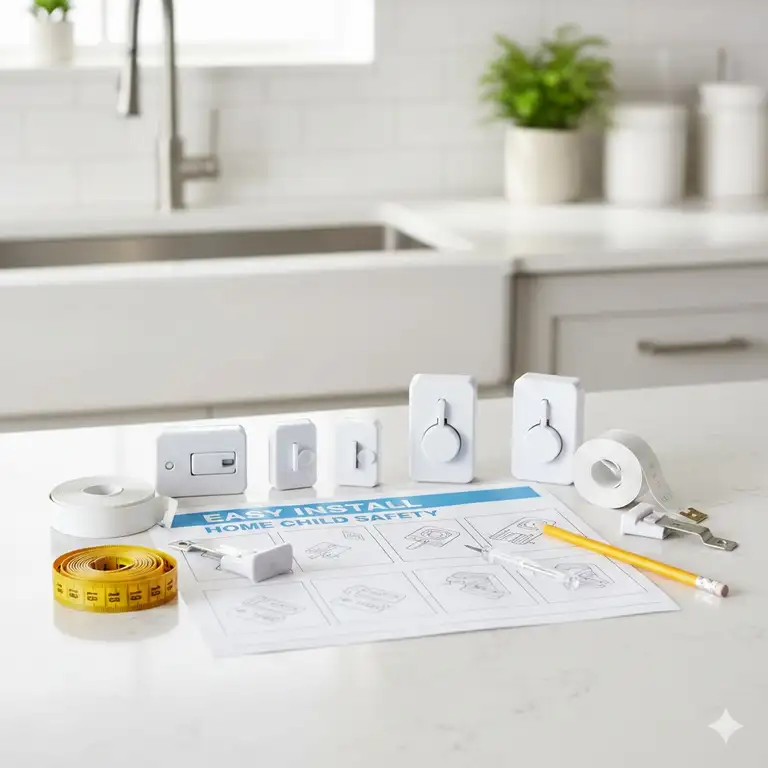 A comprehensive home baby proofing kit featuring child safety locks easy install tools on a kitchen counter.