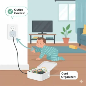 Using outlet covers and cable boxes as essential baby proofing tips for apartments to secure electricity.