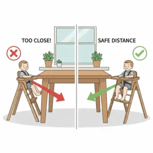 Proper distance from the dining table when securing high chair to avoid tipping over.