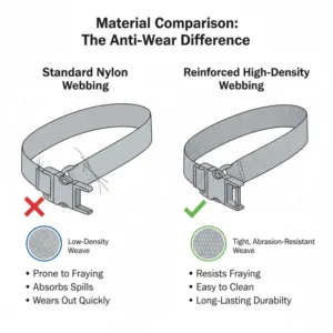 Illustration 1: Close-up comparison of standard webbing versus high chair safety straps that don’t wear due to high-density materials.