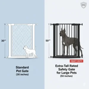 A diagram comparing standard height options to extra-tall rated safety gates for large pets.
