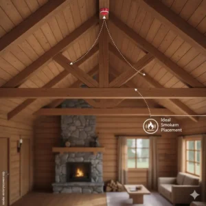 Diagram showing the best location for installing smoke alarm in hut / wooden house at the ceiling apex.