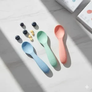 Soft food-grade silicone spoons as safe feeding utensils non toxic materials for infant self-feeding.