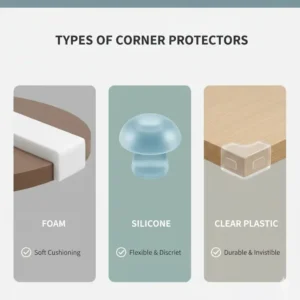 An educational graphic showing different types of protectors to baby proof table corners in dining room.