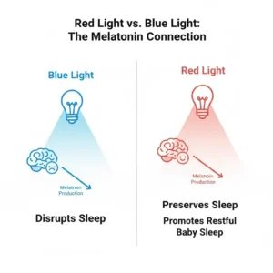 Infographic explaining how to choose a night light that doesn't disrupt baby sleep by preserving melatonin levels.