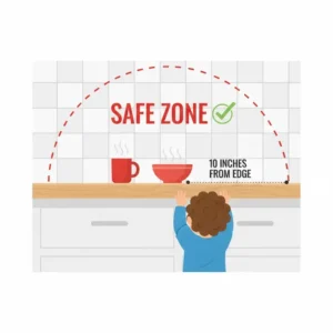 Diagram of a kitchen counter safe zone specifically designed for preventing hot food burns toddler.