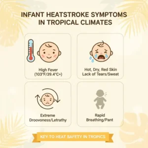 An educational chart showing symptoms of heatstroke as part of heat safety in tropical climates babies.