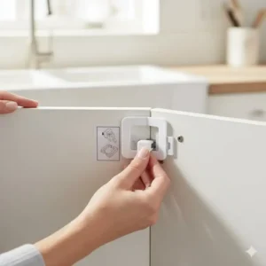 A person using a magnetic template and other child safety locks easy install tools to secure a cabinet.
