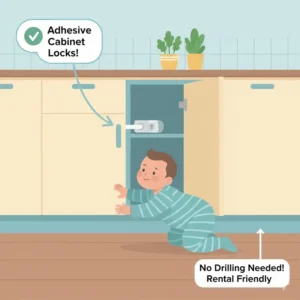 Rental-friendly adhesive locks are effective baby proofing tips for apartments to secure kitchen cabinets.