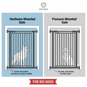 An illustration showing the difference between pressure and hardware-mounted rated safety gates for large pets.