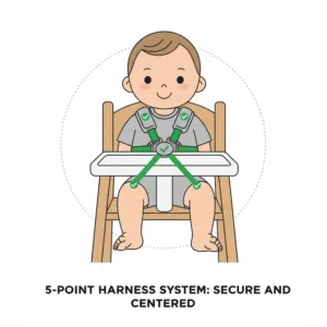 Close up of a 5-point harness system for securing high chair to avoid tipping over effectively.