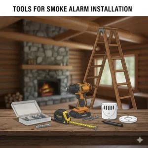 Necessary tools and equipment for installing smoke alarm in hut / wooden house safely.