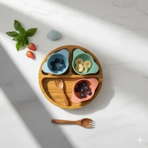 Eco-friendly bamboo and wooden sets showing safe feeding utensils non toxic materials for toddlers.