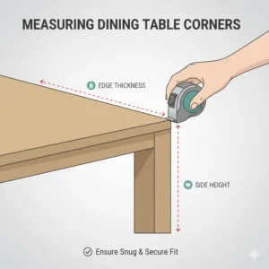 Close-up illustration of measuring a table edge before you baby proof table corners in dining room.