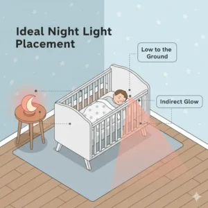 Diagram showing the ideal low-level position for a night light that doesn't disrupt baby sleep in a modern nursery.