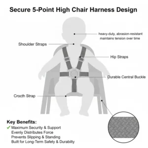 Illustration 2: Technical diagram of a 5-point harness system showcasing high chair safety straps that don’t wear at the friction points.