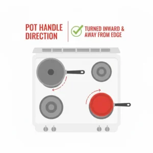 Inward-facing pot handles on a stove, an essential practice for preventing hot food burns toddler.
