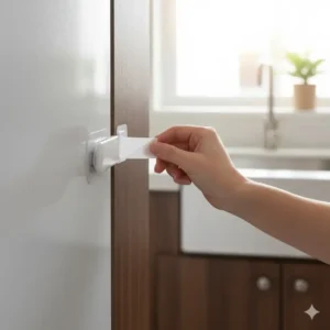 Hand peeling adhesive backing, part of the child safety locks easy install tools for drill-free setup.