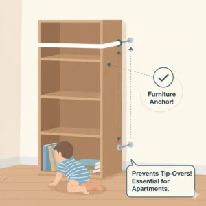 One of the most important baby proofing tips for apartments is anchoring heavy bookshelves to the wall.