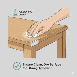 A hand cleaning the furniture surface to properly baby proof table corners in dining room.