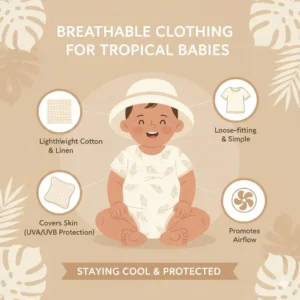 Illustration of breathable cotton clothing essential for heat safety in tropical climates babies.