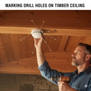 Close-up of marking the timber ceiling when installing smoke alarm in hut / wooden house.