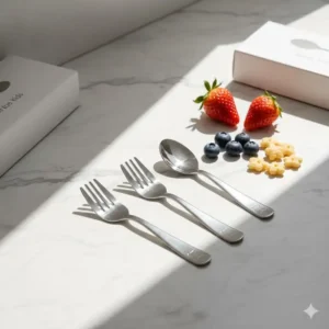 High-quality stainless steel forks and spoons categorized as safe feeding utensils non toxic materials.