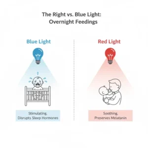 Comparison between harsh blue light and a red-toned night light that doesn't disrupt baby sleep for midnight feedings.