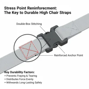 Illustration 3: Detailed view of the heavy-duty stitching on high chair safety straps that don’t wear even with daily adjustments.