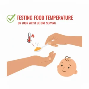 A caregiver testing steam temperature on their wrist, helping in preventing hot food burns toddler.
