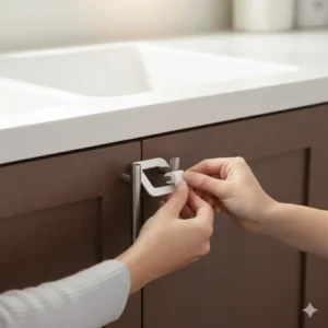 Installing U-shaped cabinet latches without complex child safety locks easy install tools or hardware.