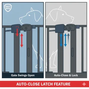 A detailed view of the automatic closing latch mechanism on rated safety gates for large pets.