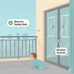 Installing balcony netting and window guards as critical baby proofing tips for apartments on high floors.