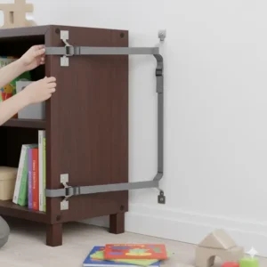Heavy duty furniture anti-tip straps installed on a bookshelf from the best baby proofing brands affordable.