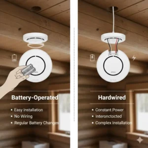 Choosing between battery and wired options when installing smoke alarm in hut / wooden house.