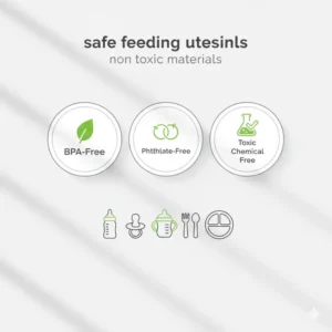 Close-up of BPA-free and phthalate-free labels on safe feeding utensils non toxic materials.